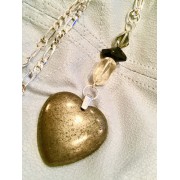 338  collier long pendentif chaine  argent sterling, coeur en pyrite, citrine, swarovski